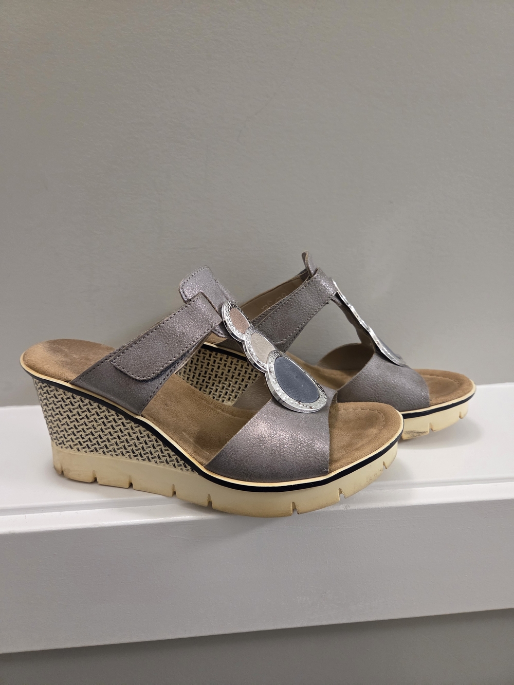 Rieker Metallic Grey / Denim Women's Wedge Sandals | Size 37 / US 6-6.5